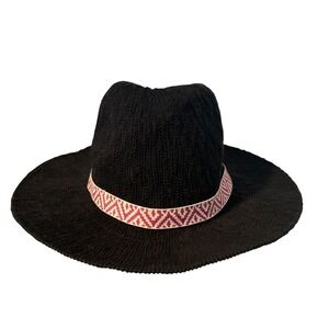 Hollister Y2K Womens Black Knit Wide Brim Hat With Aztec Band One Size Festival
